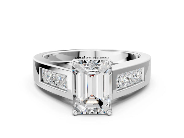 Platinum Emerald Cut Engagement Ring Setting with Channel-Set Princess Cut Side Accents