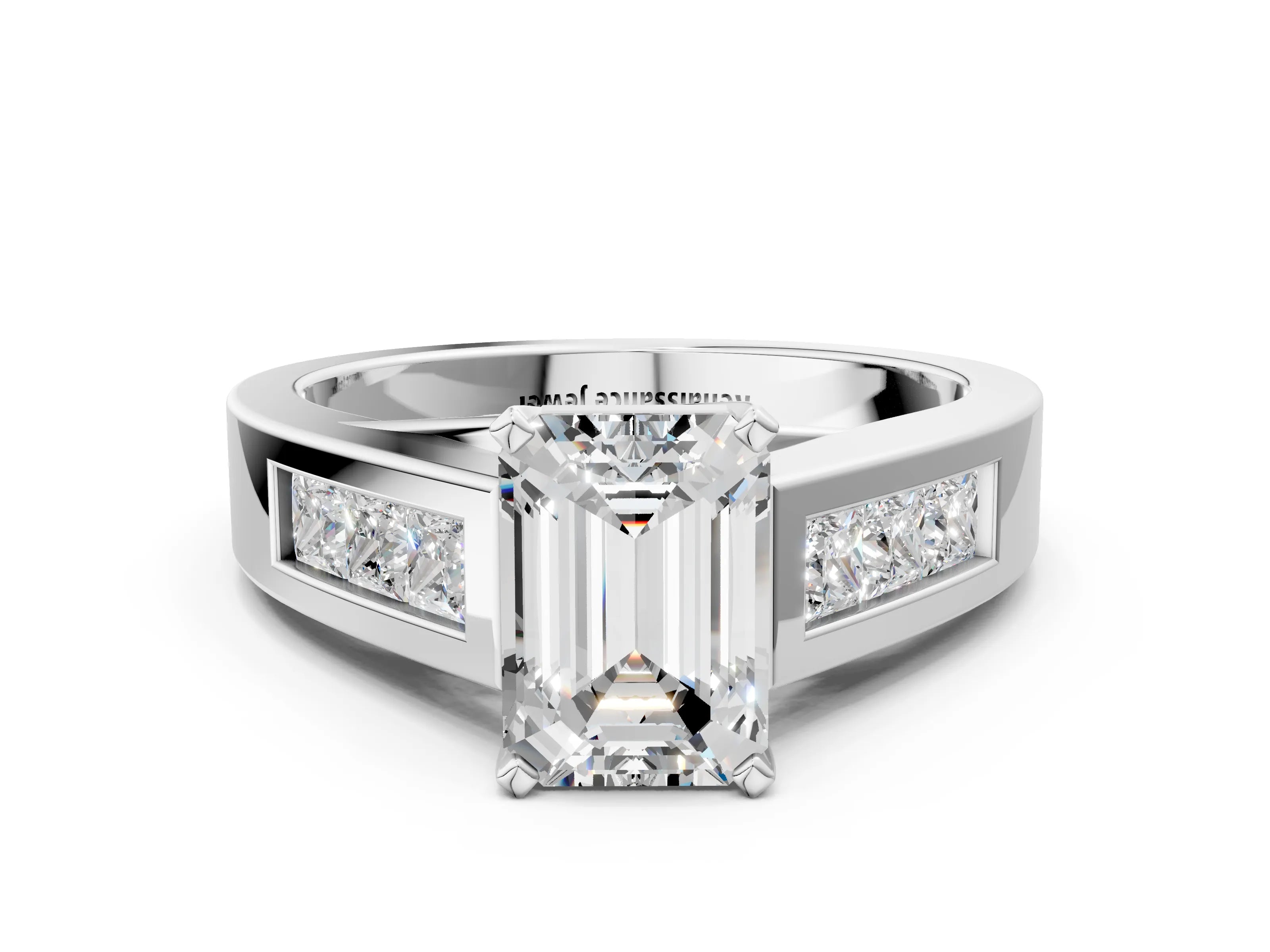 White gold Emerald Cut Channel Set Solitaire Ring with Four-Prong Sett