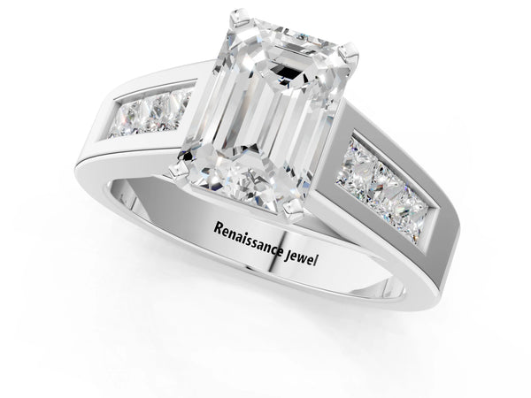Platinum Emerald Cut Engagement Ring Setting with Channel-Set Princess Cut Side Accents