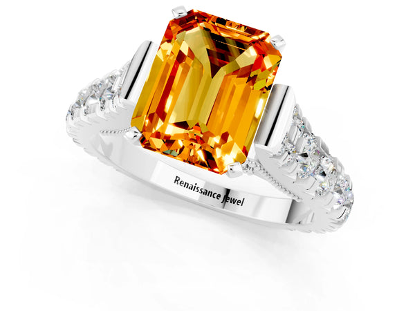 Platinum Emerald Cut Citrine Classic Solitaire Ring with Pavé Band and Four-Prong Setting
