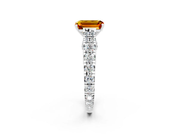 Platinum Emerald Cut Citrine Classic Solitaire Ring with Pavé Band and Four-Prong Setting