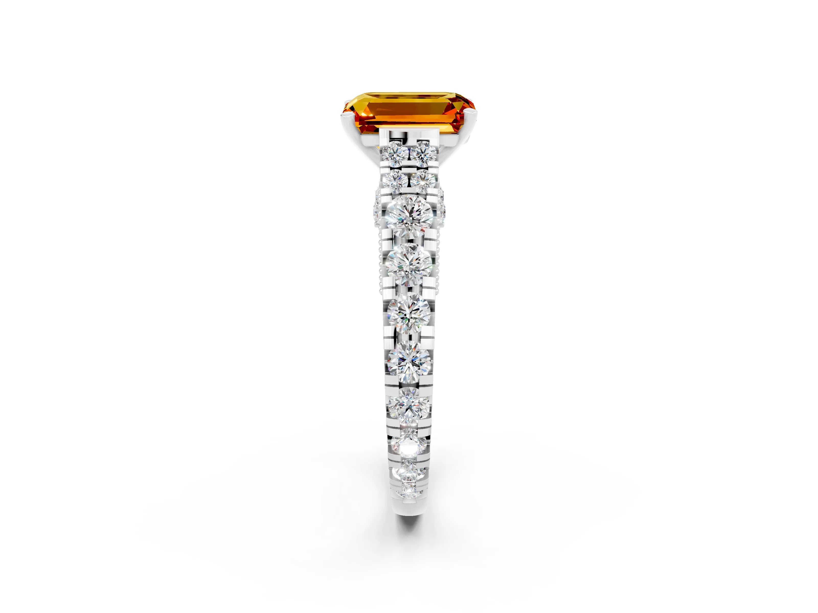 White gold Emerald Cut Citrine Classic Solitaire Ring with Pavé Band and Four-Prong Setting_2