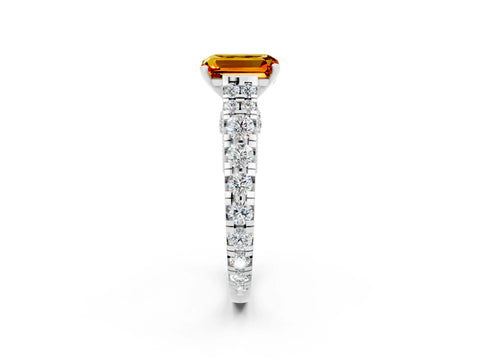 White gold Emerald Cut Citrine Classic Solitaire Ring with Pavé Band and Four-Prong Setting_2