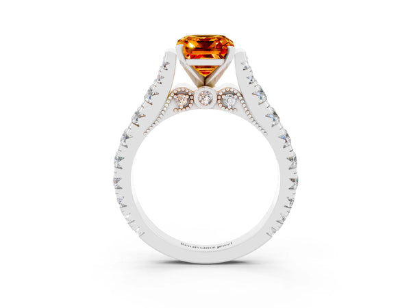 White gold Emerald Cut Citrine Classic Solitaire Ring with Pavé Band and Four-Prong Setting