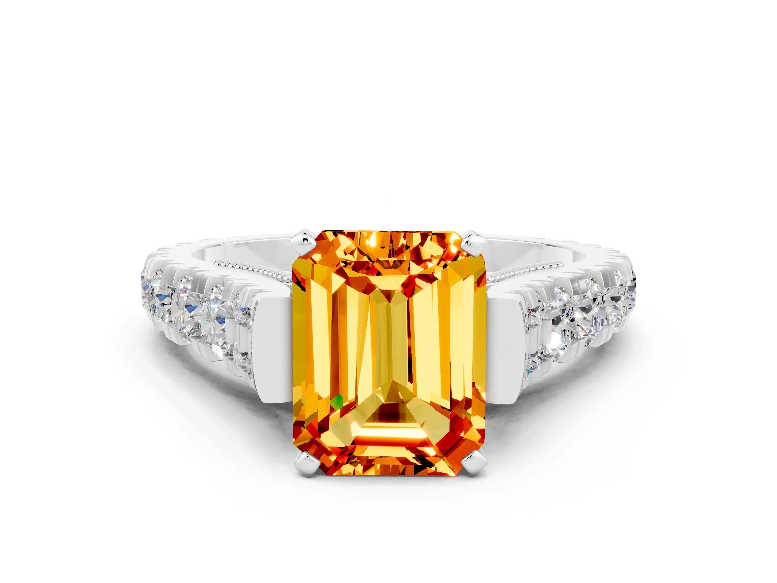 White gold Emerald Cut Citrine Classic Solitaire Ring with Pavé Band and Four-Prong Setting