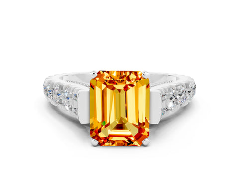 White gold Emerald Cut Citrine Classic Solitaire Ring with Pavé Band and Four-Prong Setting