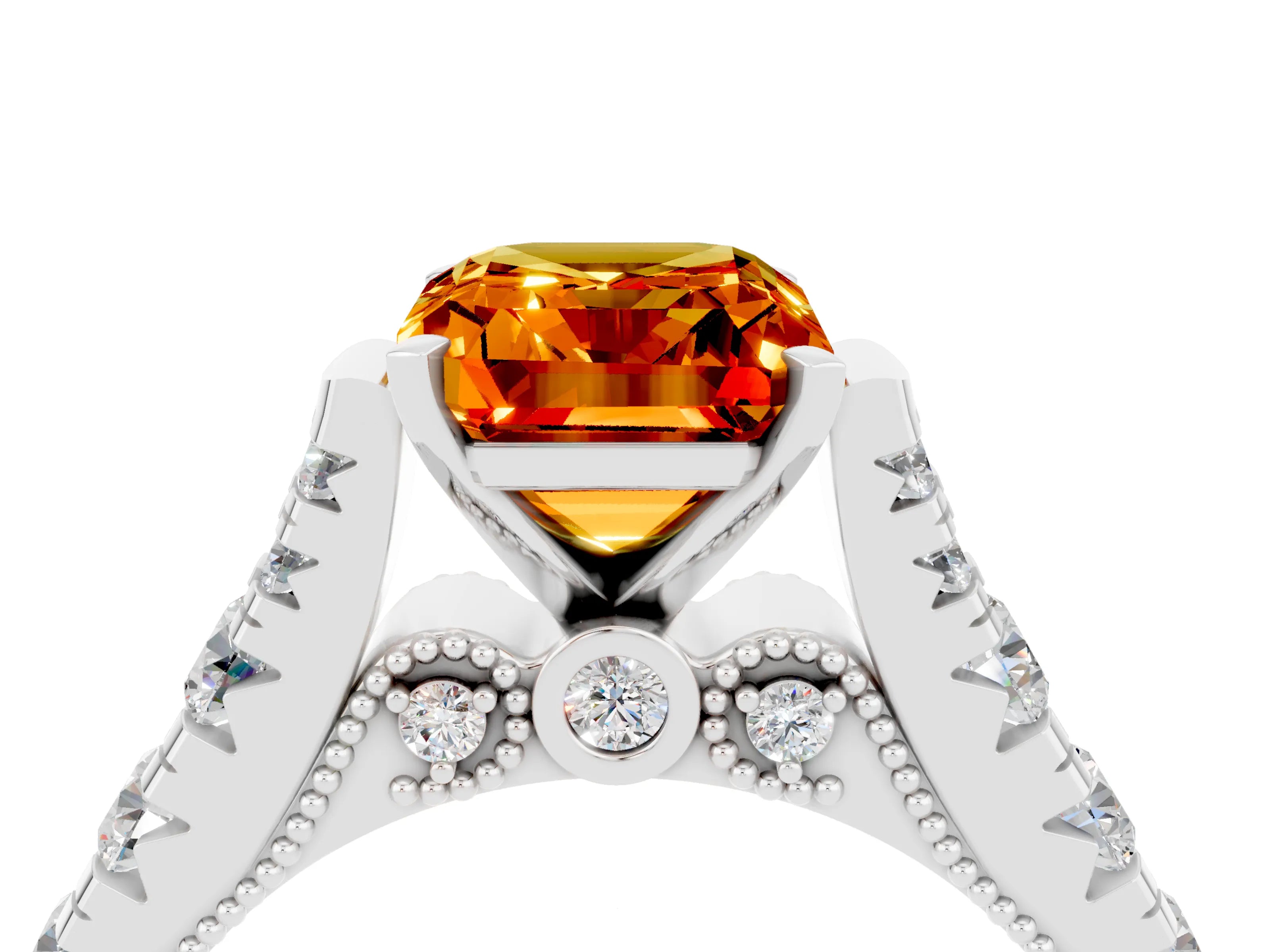 White gold Emerald Cut Citrine Classic Solitaire Ring with Pavé Band and Four-Prong Setting_4