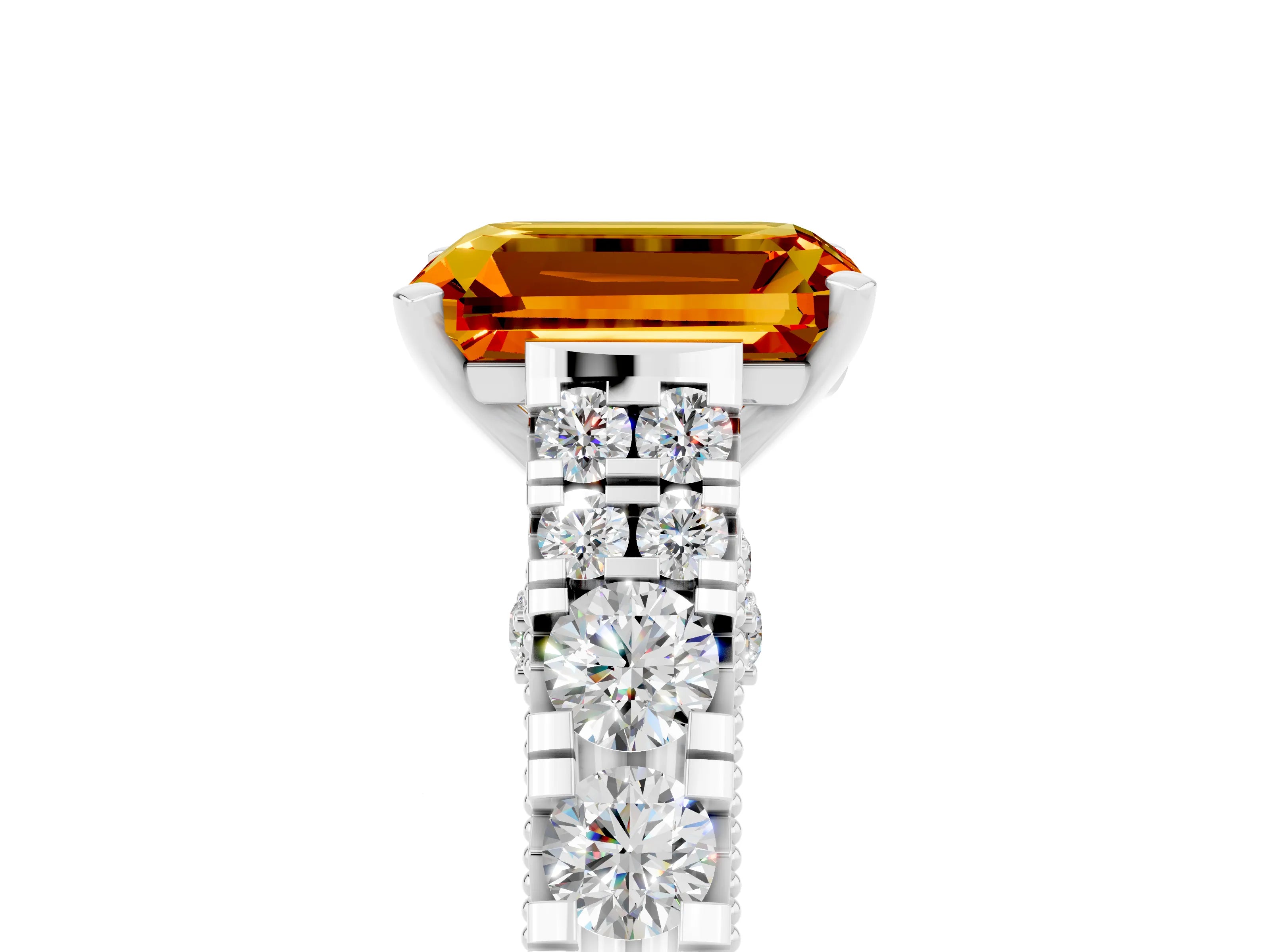 White gold Emerald Cut Citrine Classic Solitaire Ring with Pavé Band and Four-Prong Setting_5