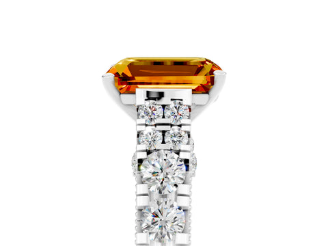 White gold Emerald Cut Citrine Classic Solitaire Ring with Pavé Band and Four-Prong Setting_5