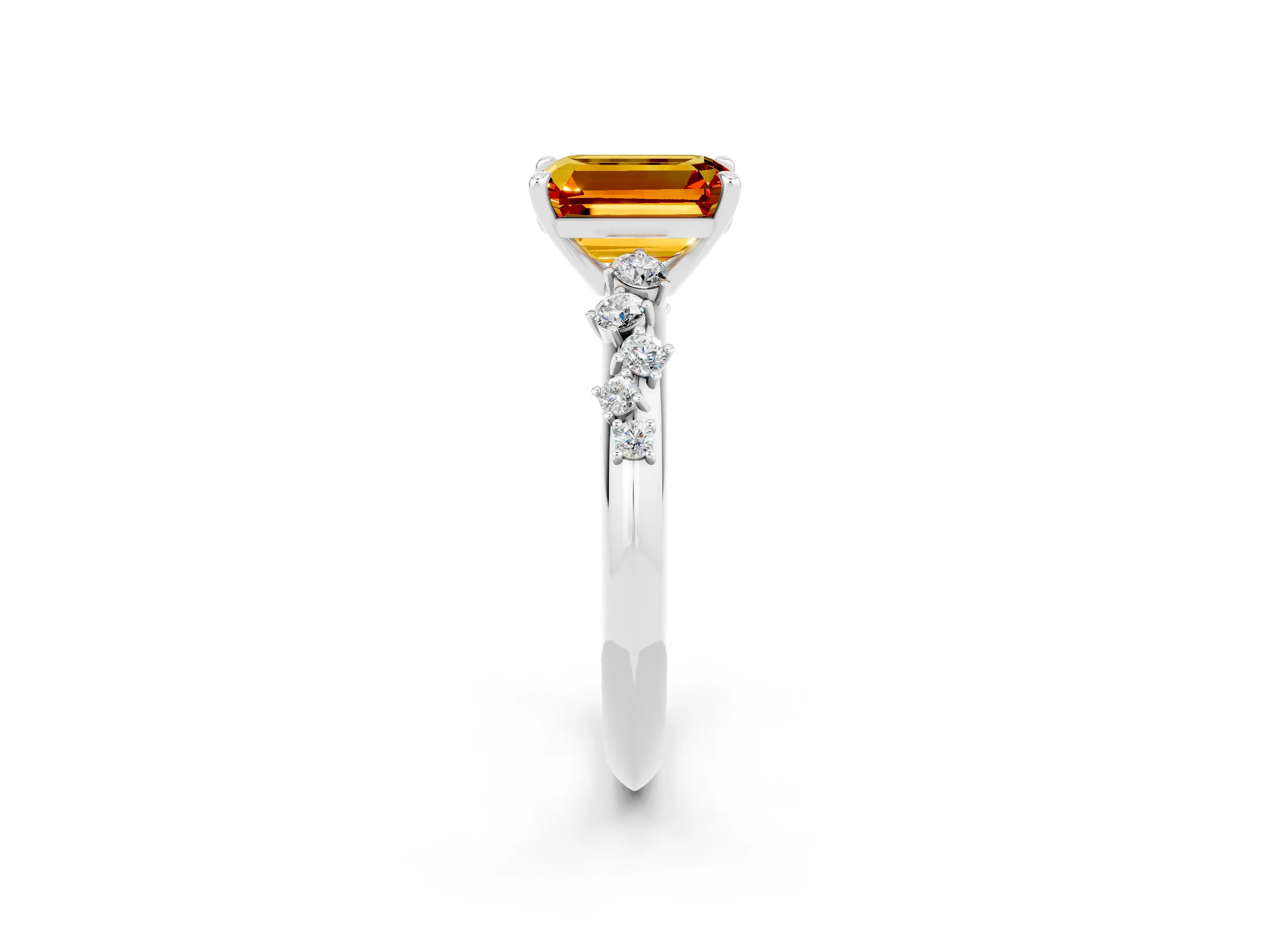White gold Emerald Cut Citrine Cluster Side Stone Solitaire Ring with Prong Setting_26