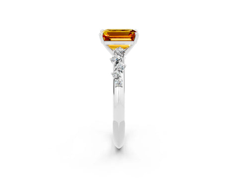 White gold Emerald Cut Citrine Cluster Side Stone Solitaire Ring with Prong Setting_26