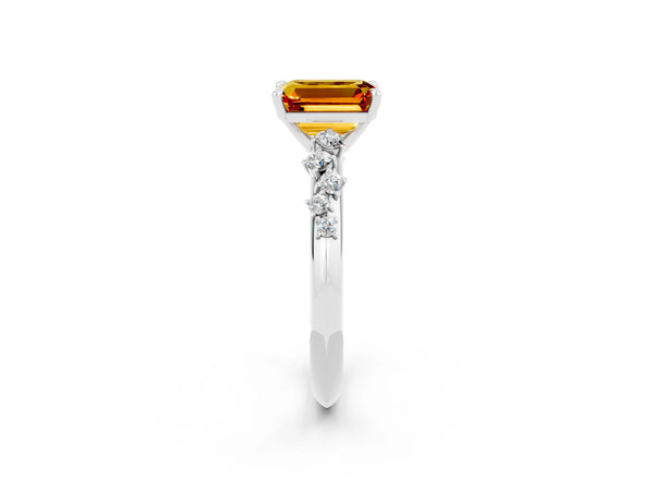 Silver Emerald Cut Citrine Cluster Side Stone Solitaire Ring with Prong Setting