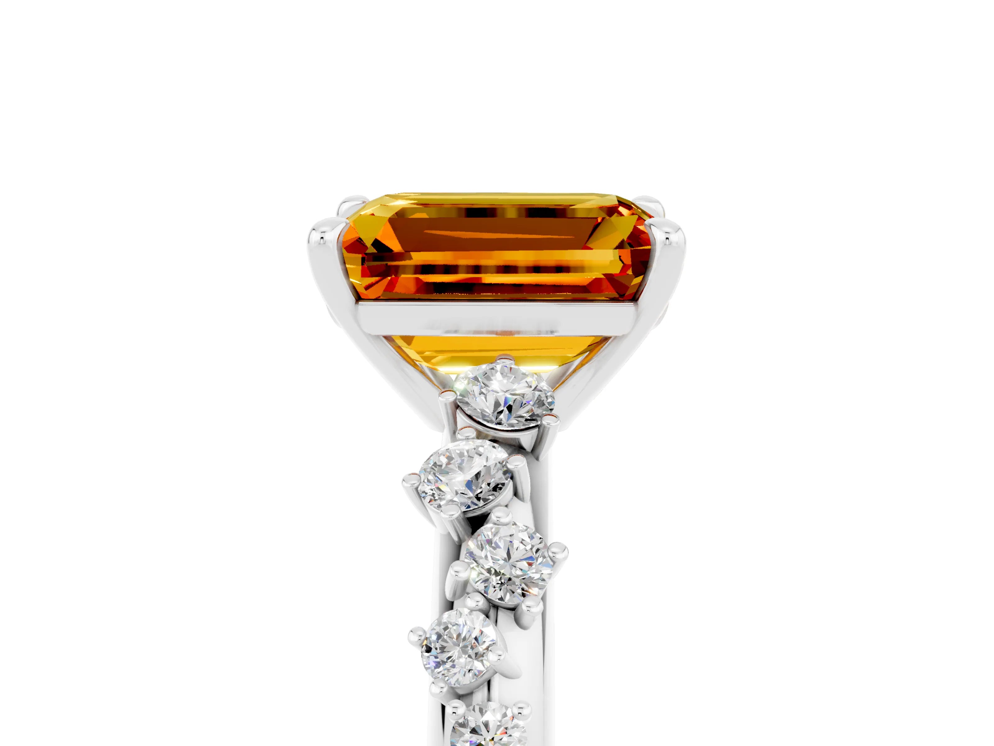 White gold Emerald Cut Citrine Cluster Side Stone Solitaire Ring with Prong Setting_29
