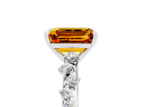 White gold Emerald Cut Citrine Cluster Side Stone Solitaire Ring with Prong Setting_29
