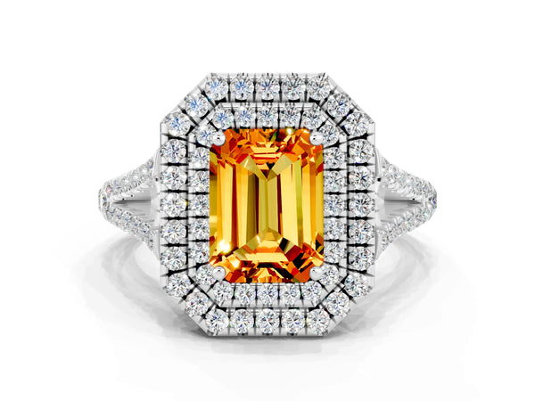 Silver Emerald Cut Citrine Double Halo Ring with Pavé Band and Prong Setting