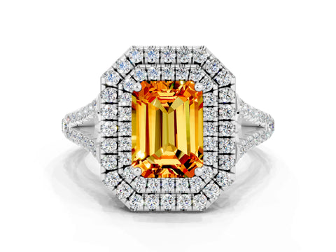 White gold Emerald Cut Citrine Double Halo Ring with Pavé Band and Prong Setting_12