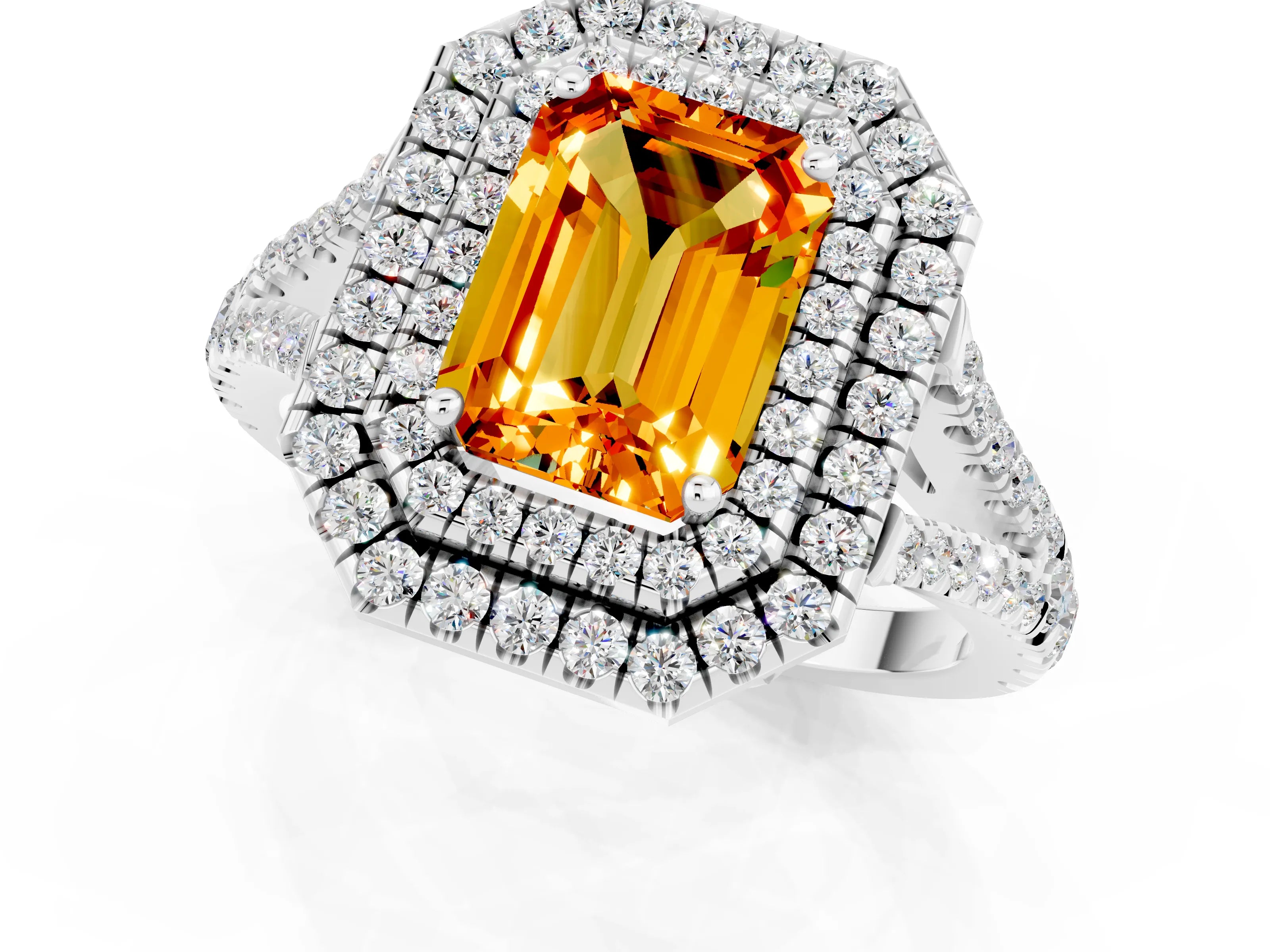 White gold Emerald Cut Citrine Double Halo Ring with Pavé Band and Prong Setting_13