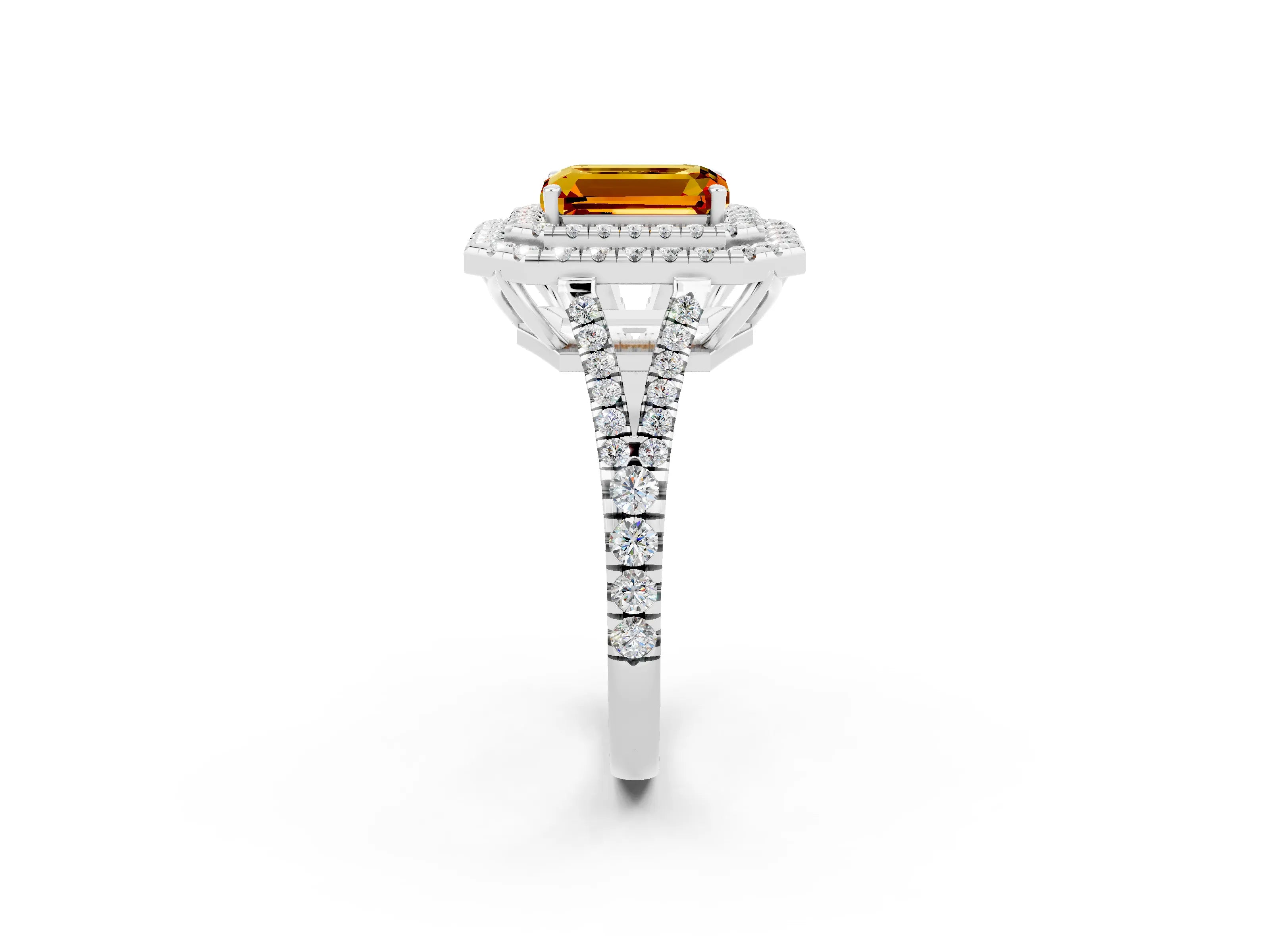 White gold Emerald Cut Citrine Double Halo Ring with Pavé Band and Prong Setting_14