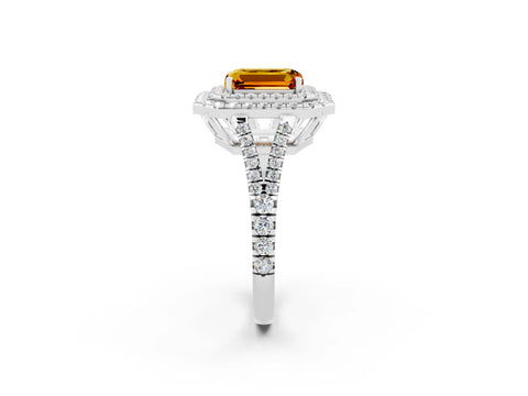 White gold Emerald Cut Citrine Double Halo Ring with Pavé Band and Prong Setting_14
