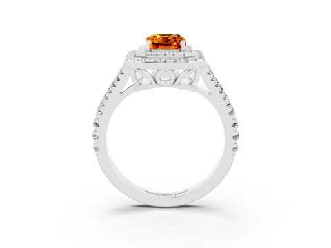 White gold Emerald Cut Citrine Double Halo Ring with Pavé Band and Prong Setting_15
