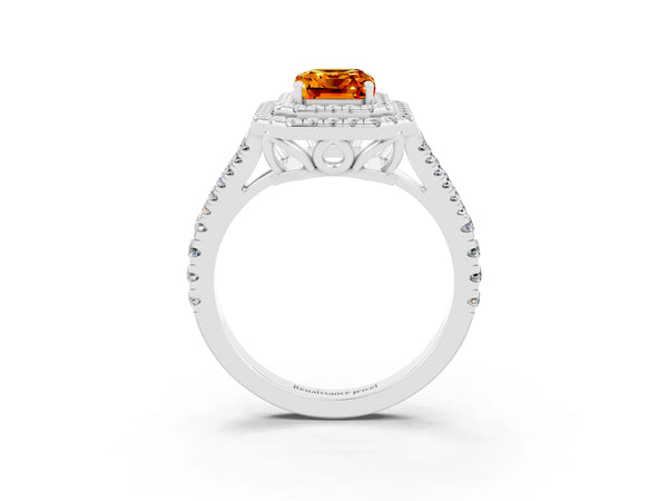 Silver Emerald Cut Citrine Double Halo Ring with Pavé Band and Prong Setting