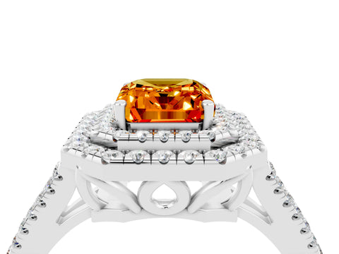 White gold Emerald Cut Citrine Double Halo Ring with Pavé Band and Prong Setting_16