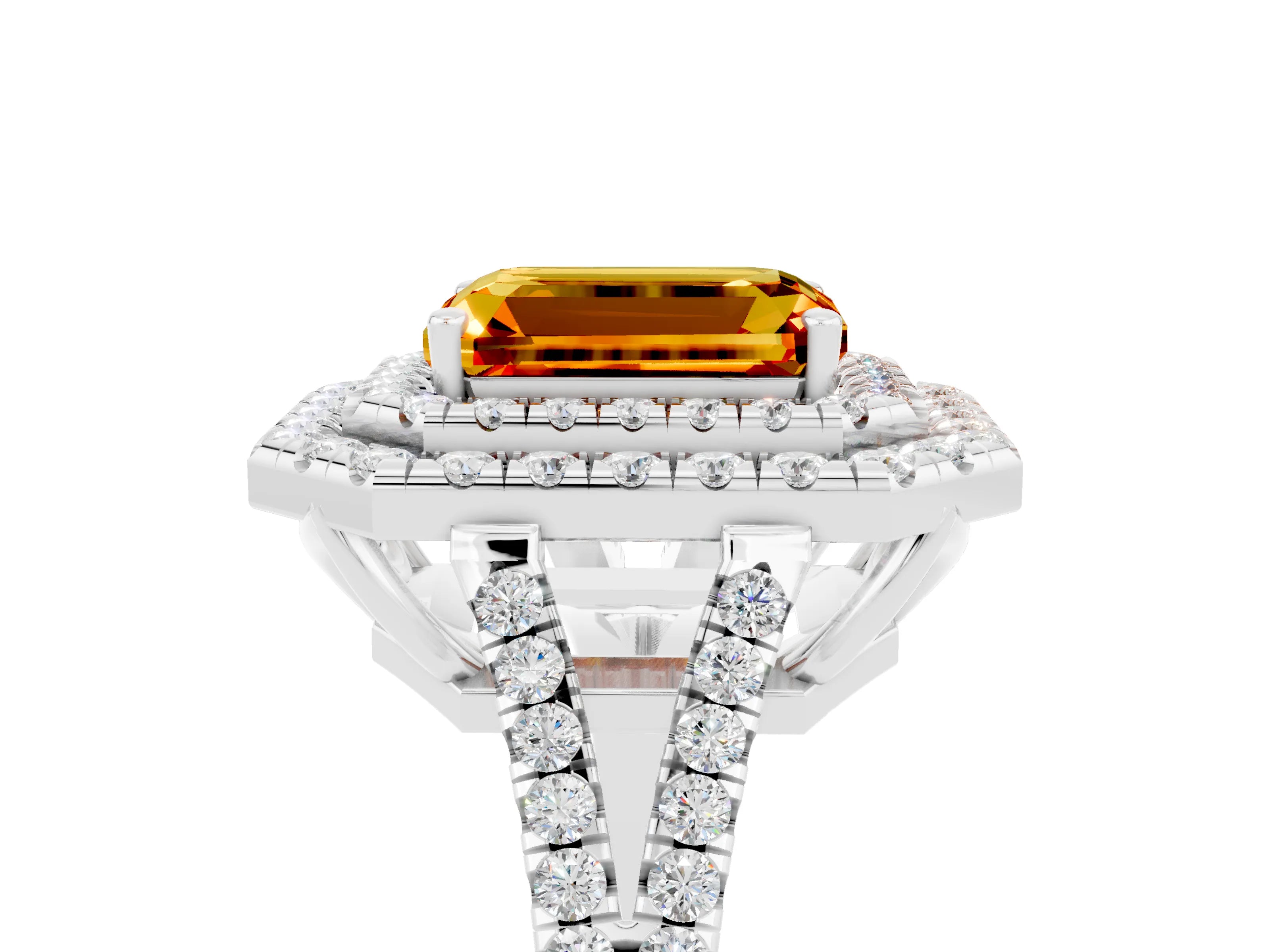White gold Emerald Cut Citrine Double Halo Ring with Pavé Band and Prong Setting_17