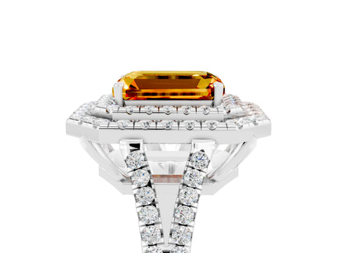 White gold Emerald Cut Citrine Double Halo Ring with Pavé Band and Prong Setting_17