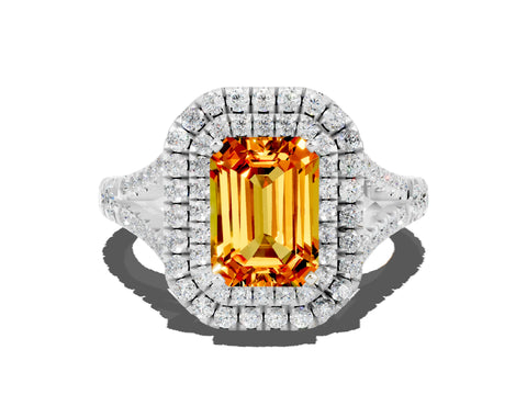 White gold Emerald Cut Citrine Double Halo Ring with Split Shank and Prong Setting_31
