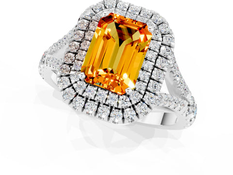 White gold Emerald Cut Citrine Double Halo Ring with Split Shank and Prong Setting_37