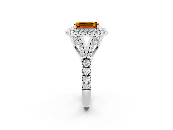 White gold Emerald Cut Citrine Double Halo Ring with Split Shank and Prong Setting