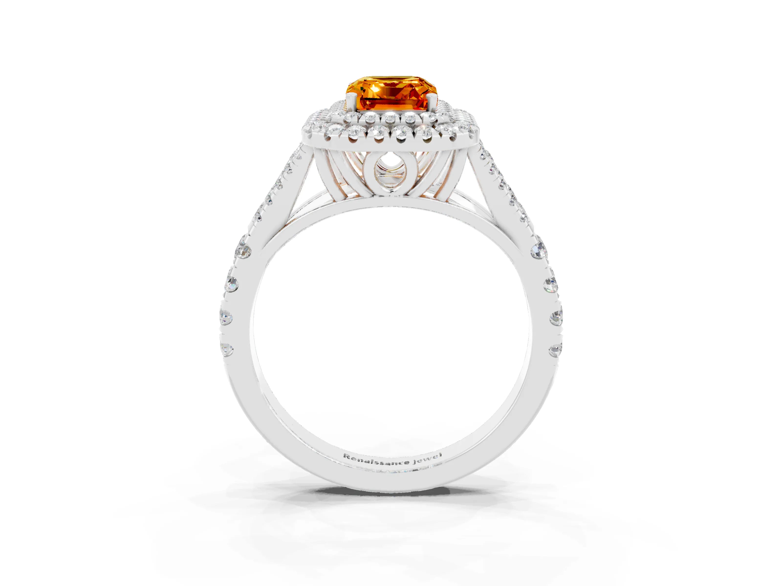 White gold Emerald Cut Citrine Double Halo Ring with Split Shank and Prong Setting_45