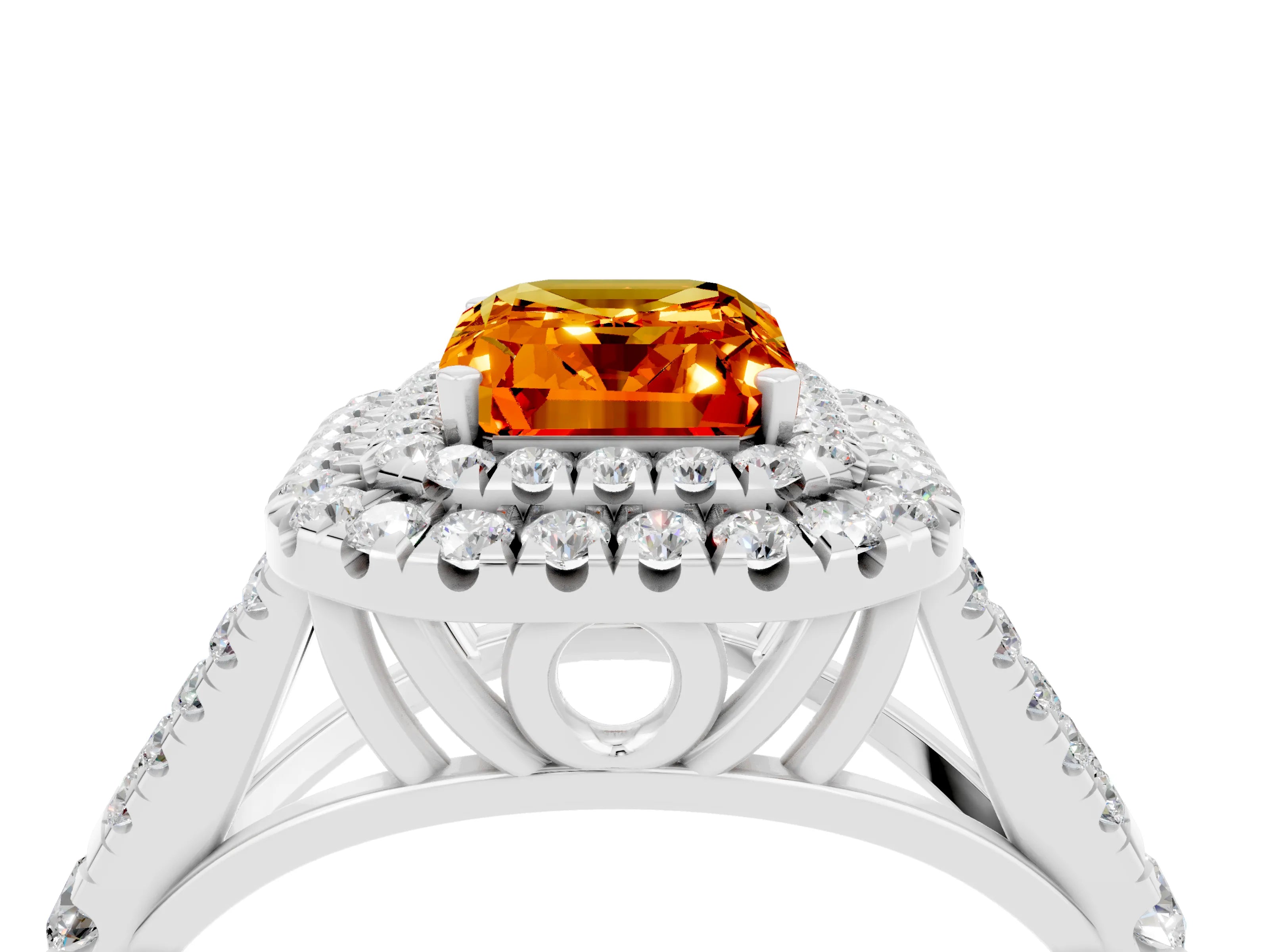 White gold Emerald Cut Citrine Double Halo Ring with Split Shank and Prong Setting_46