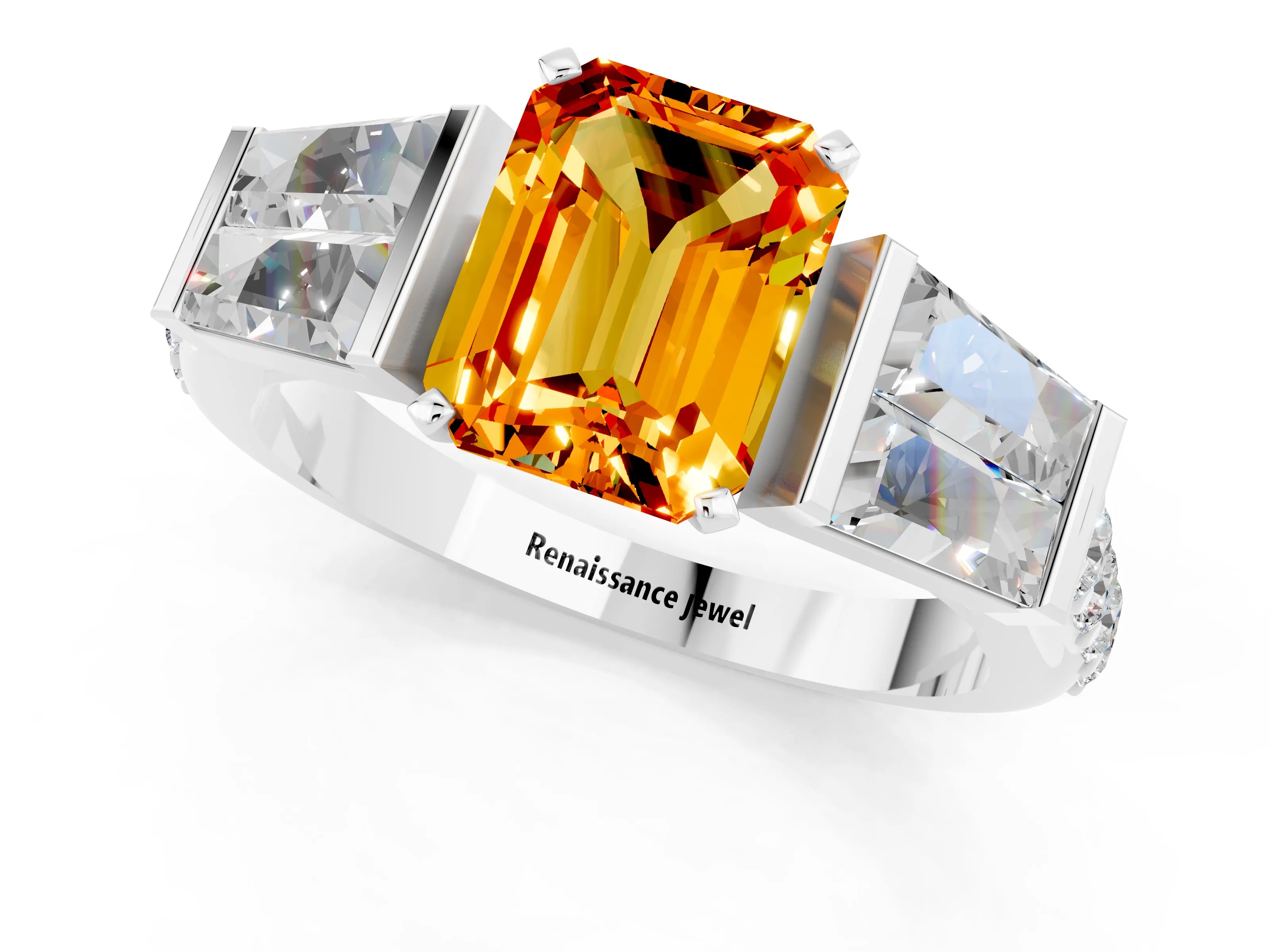White gold Emerald Cut Citrine Engagement Ring with Baguette Side Stones and Channel Set Band_1