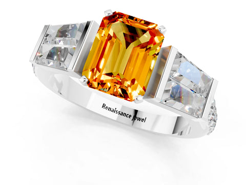 White gold Emerald Cut Citrine Engagement Ring with Baguette Side Stones and Channel Set Band_1