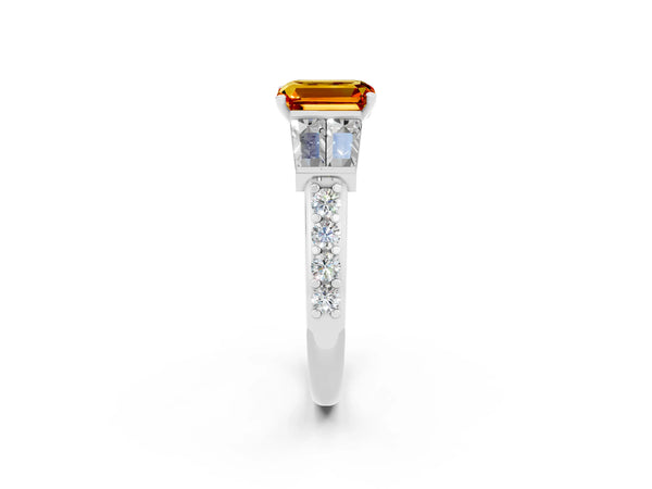 Silver Emerald Cut Citrine Engagement Ring with Baguette Side Stones and Channel Set Band