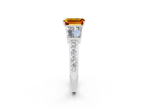 White gold Emerald Cut Citrine Engagement Ring with Baguette Side Stones and Channel Set Band_2
