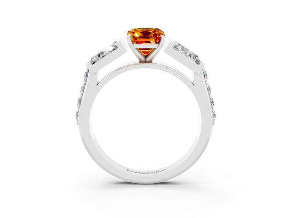 White gold Emerald Cut Citrine Engagement Ring with Baguette Side Stones and Channel Set Band