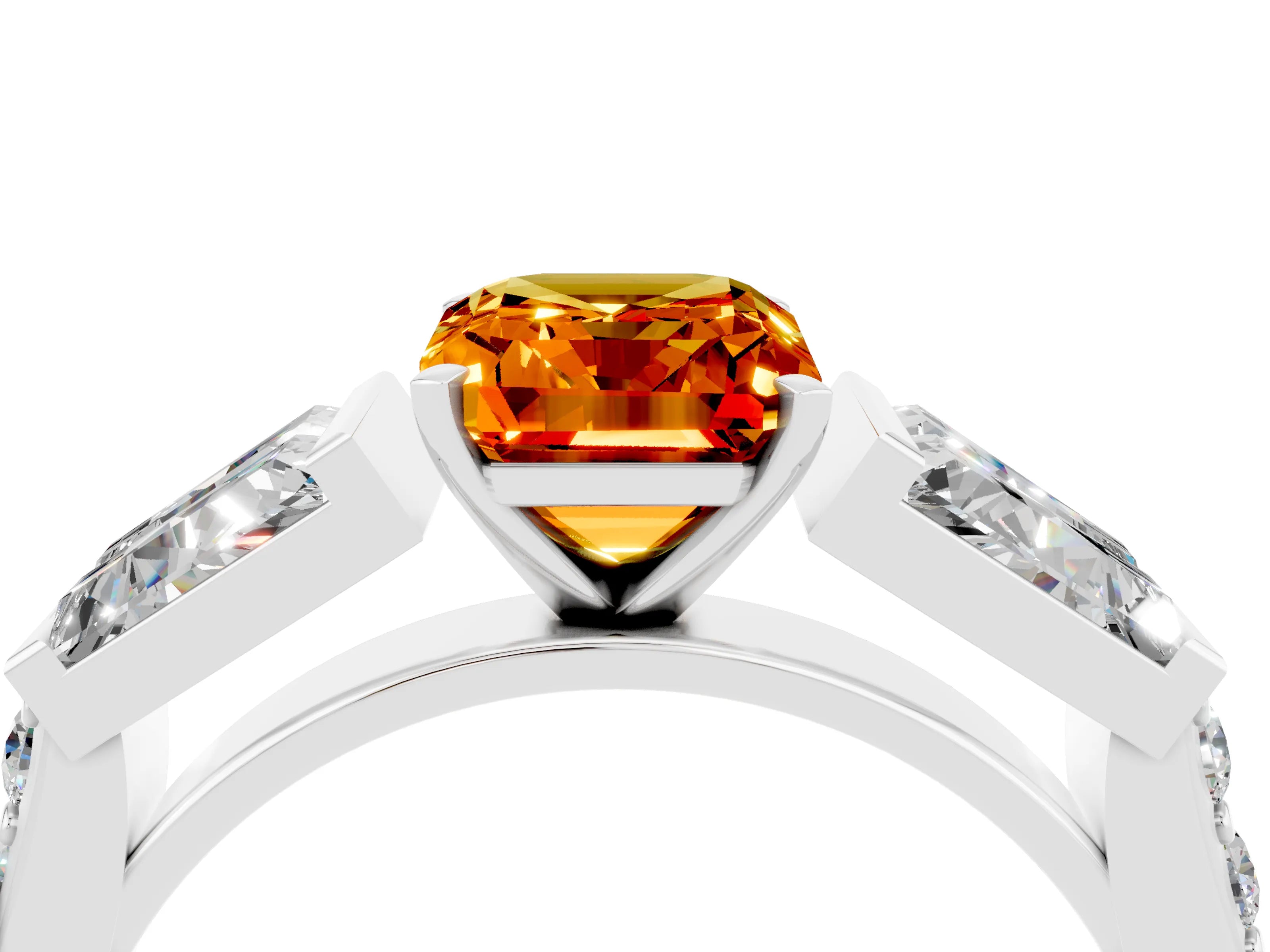 White gold Emerald Cut Citrine Engagement Ring with Baguette Side Stones and Channel Set Band_4
