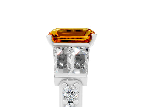 White gold Emerald Cut Citrine Engagement Ring with Baguette Side Stones and Channel Set Band_5