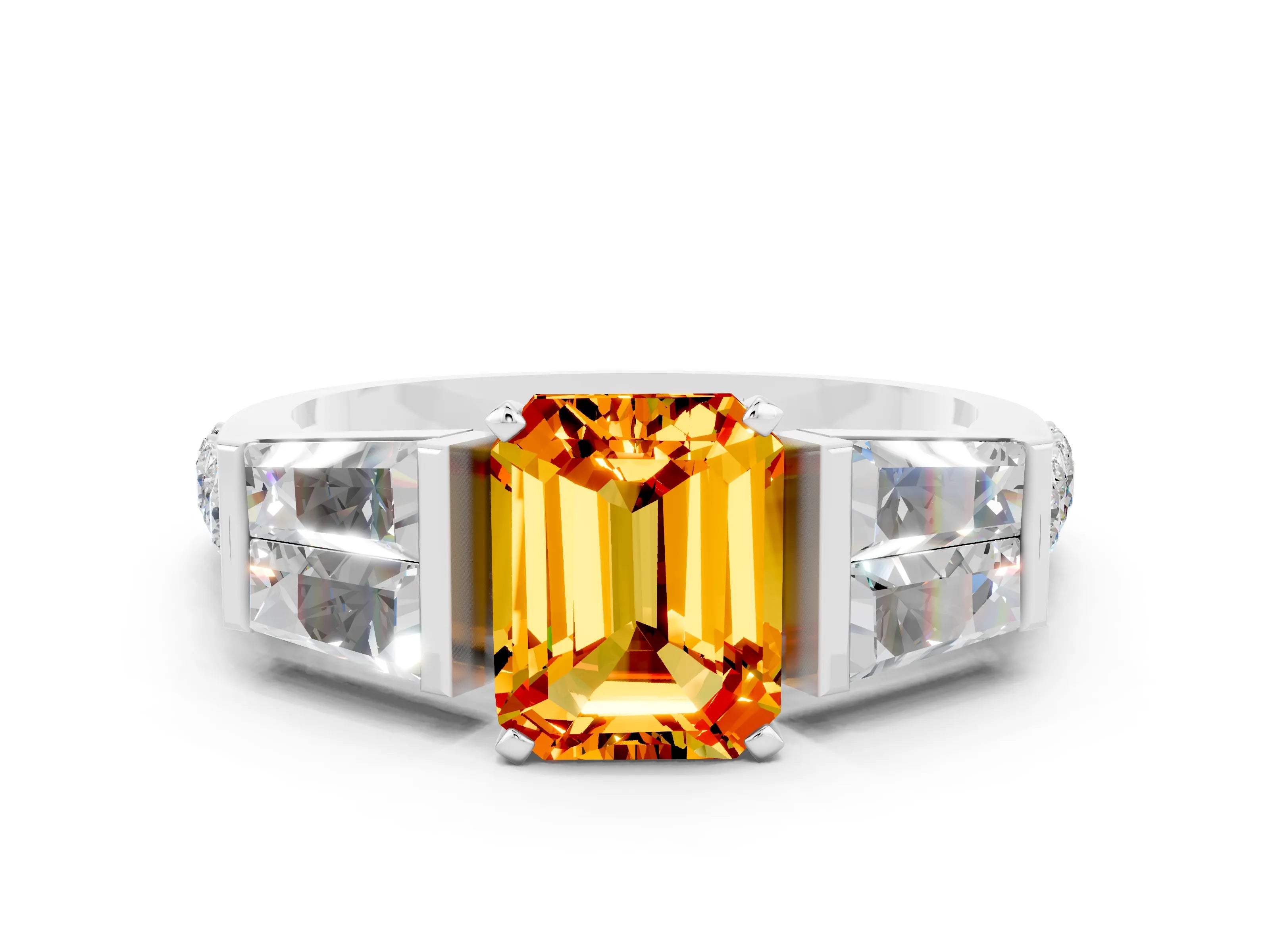 White gold Emerald Cut Citrine Engagement Ring with Baguette Side Stones and Channel Set Band