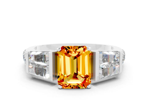 White gold Emerald Cut Citrine Engagement Ring with Baguette Side Stones and Channel Set Band