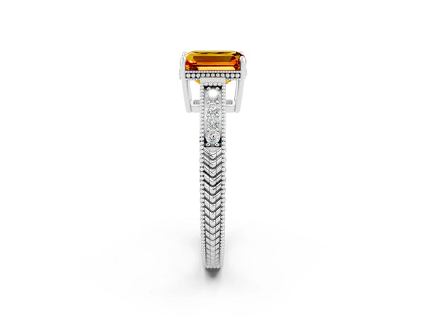 White gold Emerald Cut Citrine Engagement Ring with Milgrain Channel Set Band and Prong Setting
