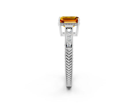 White gold Emerald Cut Citrine Engagement Ring with Milgrain Channel Set Band and Prong Setting_2