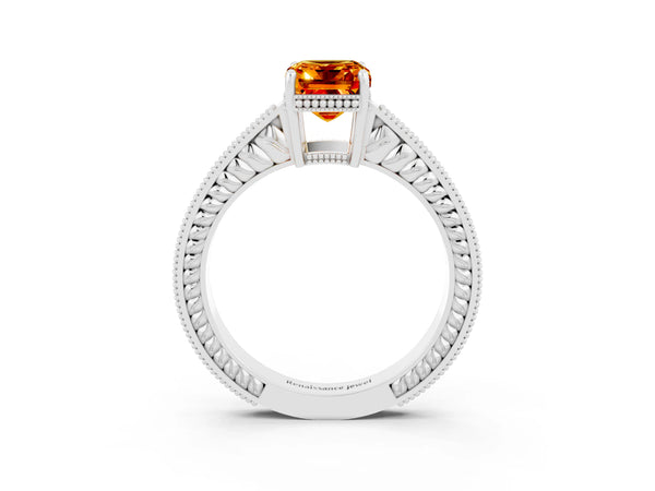 White gold Emerald Cut Citrine Engagement Ring with Milgrain Channel Set Band and Prong Setting