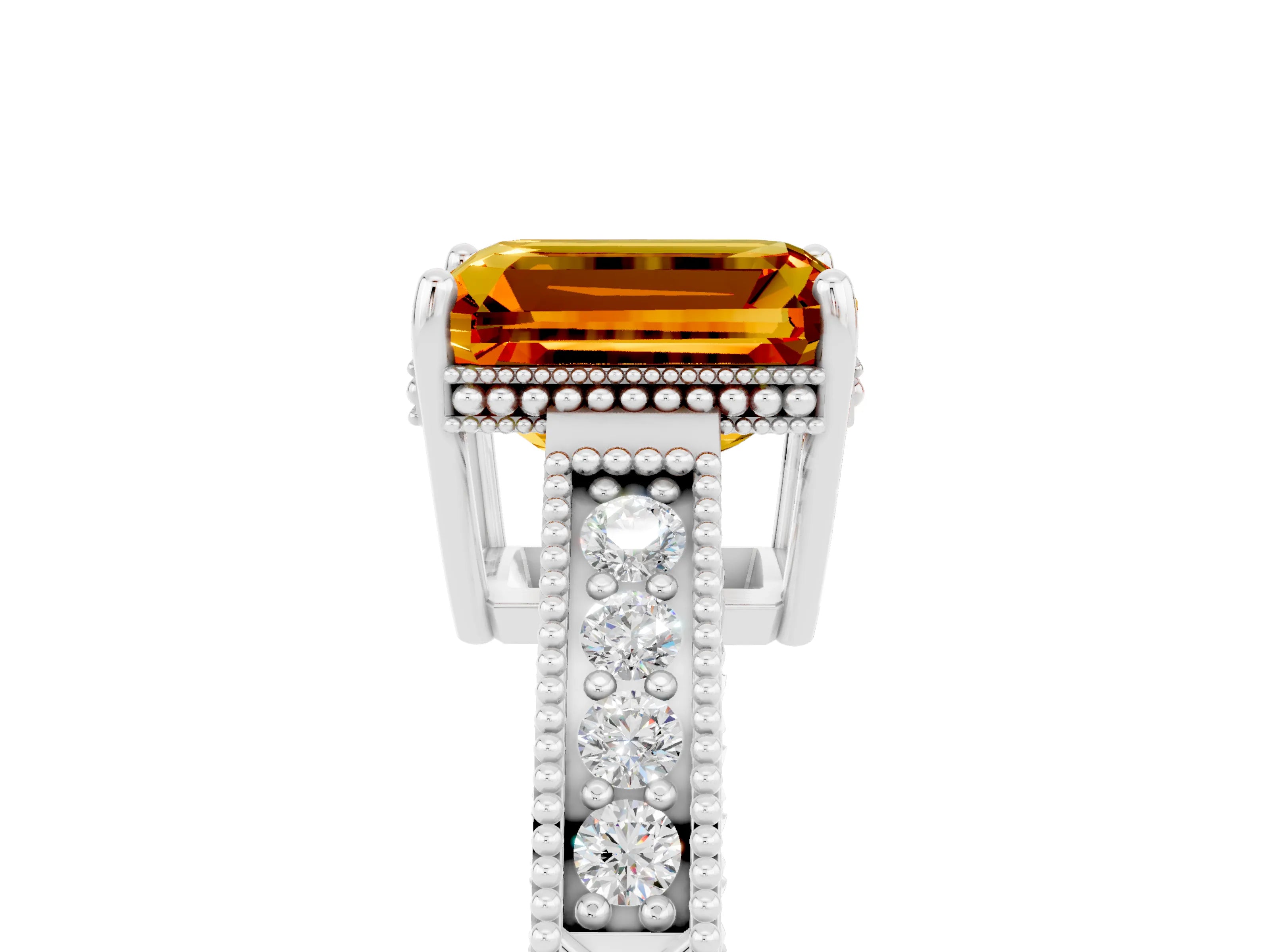 White gold Emerald Cut Citrine Engagement Ring with Milgrain Channel Set Band and Prong Setting_5