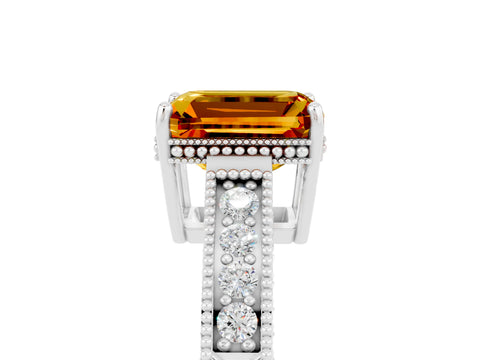 White gold Emerald Cut Citrine Engagement Ring with Milgrain Channel Set Band and Prong Setting_5