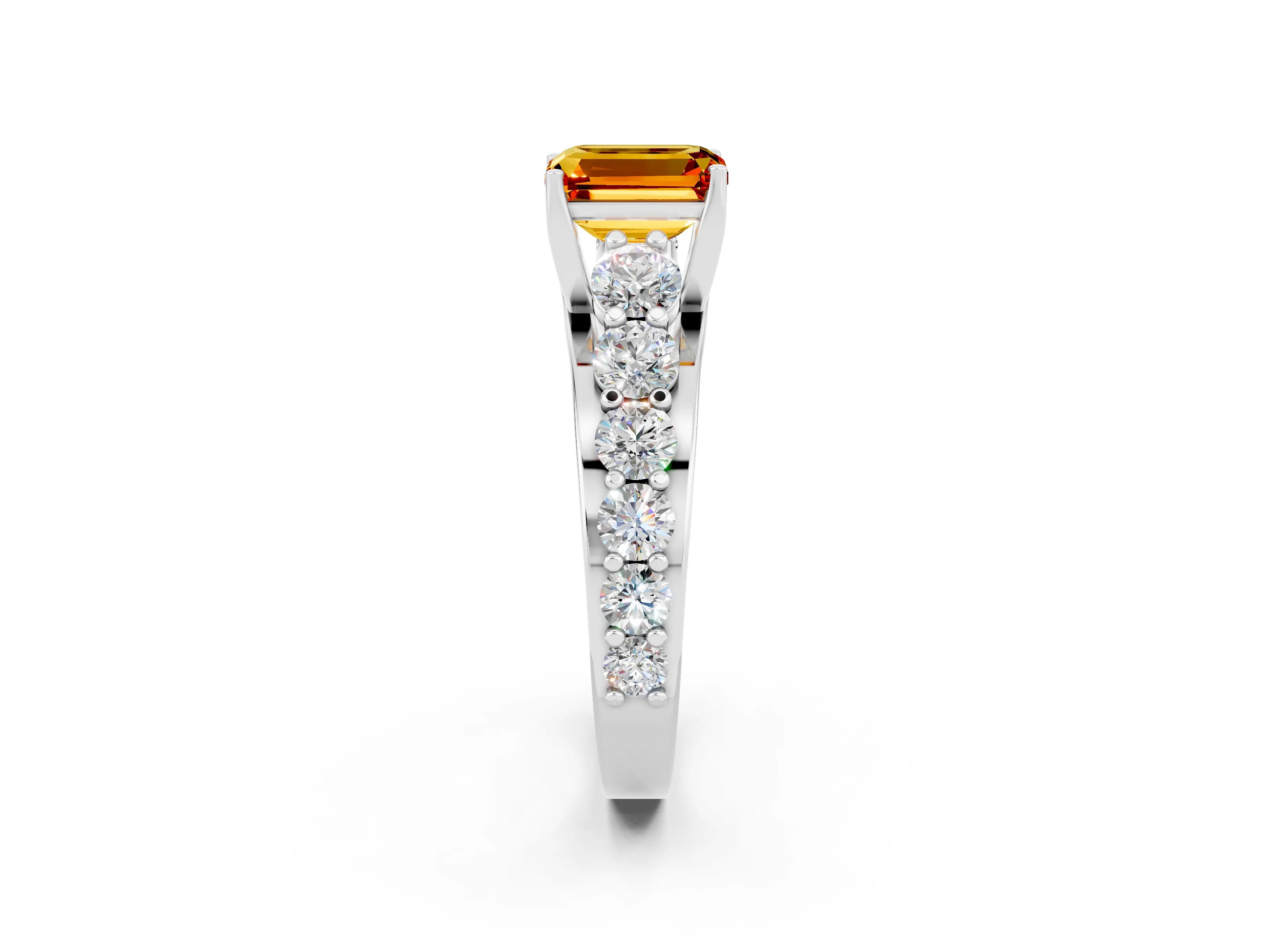 White gold Emerald Cut Citrine Engagement Ring with Pavé Band and Four-Prong Setting_2