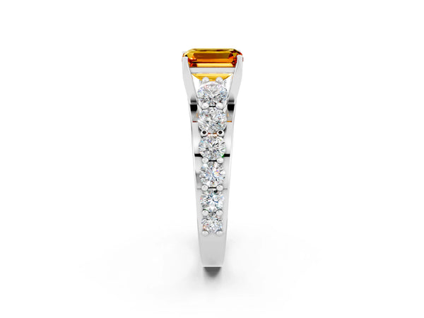 Silver Emerald Cut Citrine Engagement Ring with Pavé Band and Four-Prong Setting