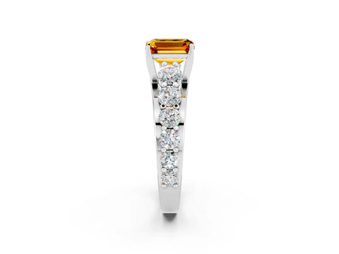 White gold Emerald Cut Citrine Engagement Ring with Pavé Band and Four-Prong Setting_2